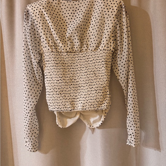 Express Black and White Polka Dot V-Neck Long Sleeve Ruched Front Blouse Casual - Picture 3 of 3